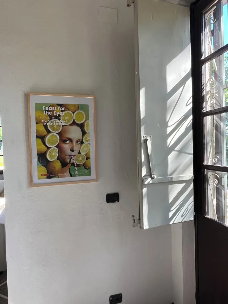 Framed poster by a door with a view of the greenery