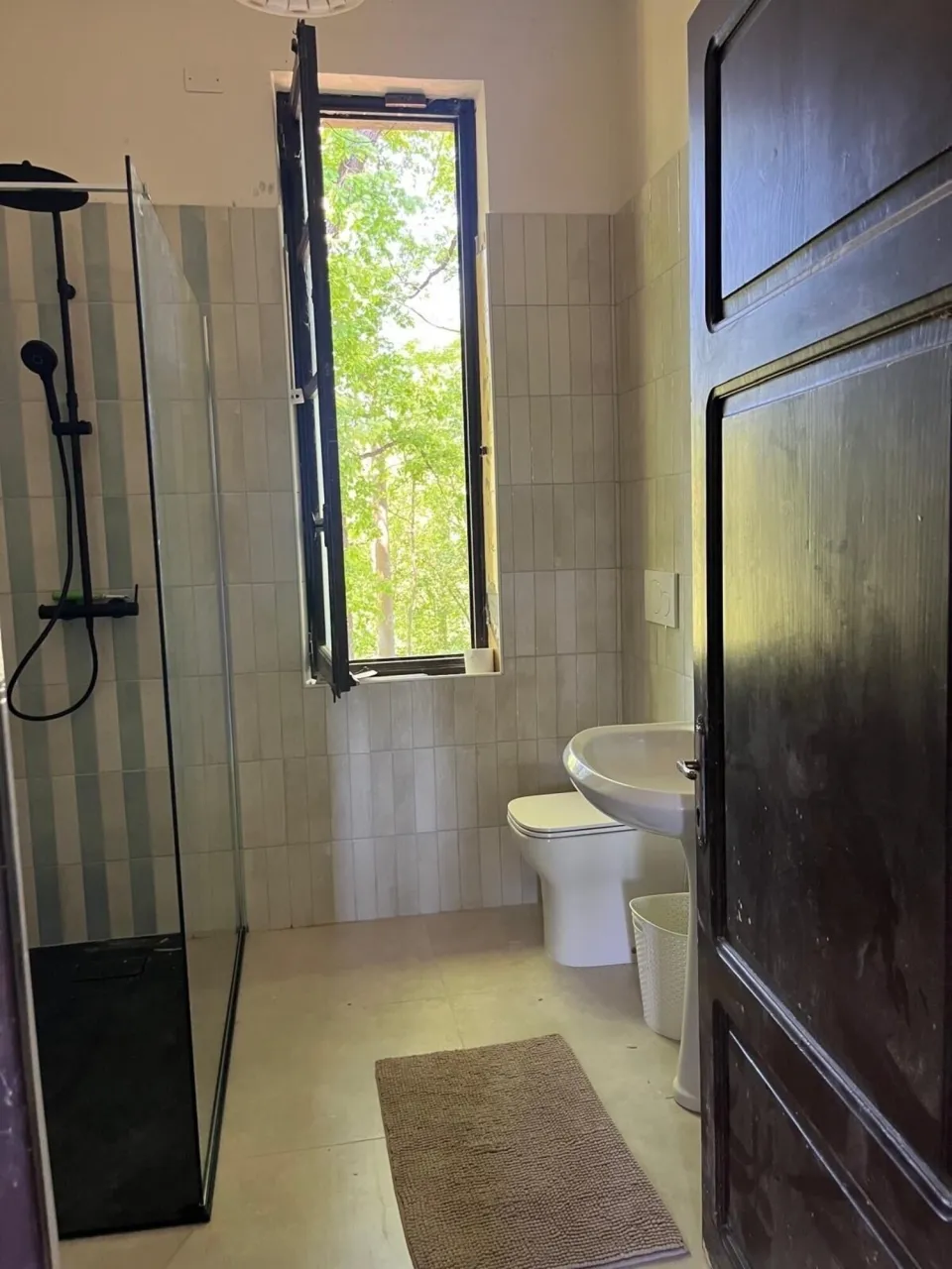 Bathroom with a shower, toilet and a window