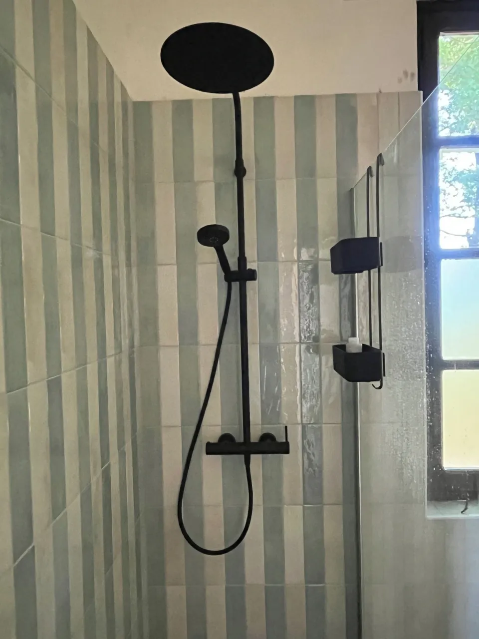 Shower with a handheld head and a view of the greenery